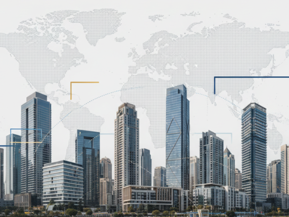 Modern global city skyline with luxury skyscrapers and commercial buildings connected by subtle digital lines and a faint world map background, representing a worldwide real estate marketplace.