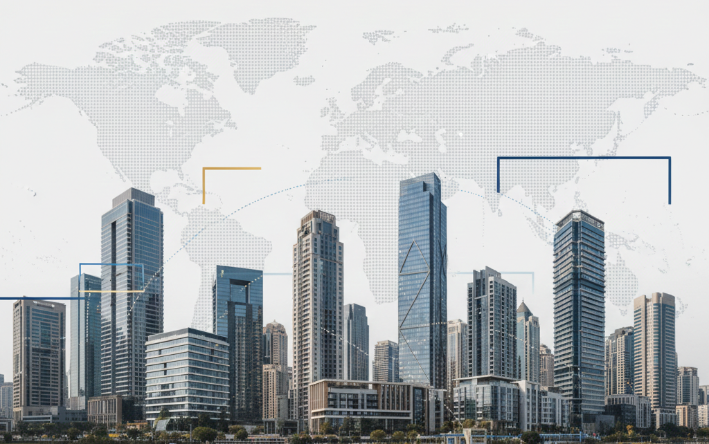 Modern global city skyline with luxury skyscrapers and commercial buildings connected by subtle digital lines and a faint world map background, representing a worldwide real estate marketplace.