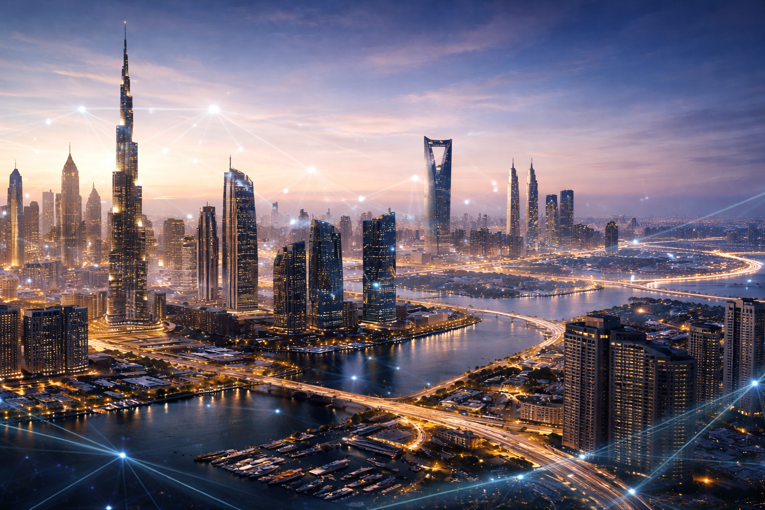 Futuristic skyline of Gulf and MENA cities showing smart real estate developments and digital connectivity across the region