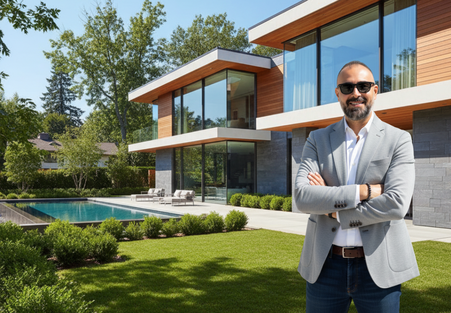 Soufy AlSawaf: Entrepreneurial Vision Soufy AlSawaf smiling confidently in sunglasses, arms crossed, in front of a modern luxury home with a pool and lush greenery